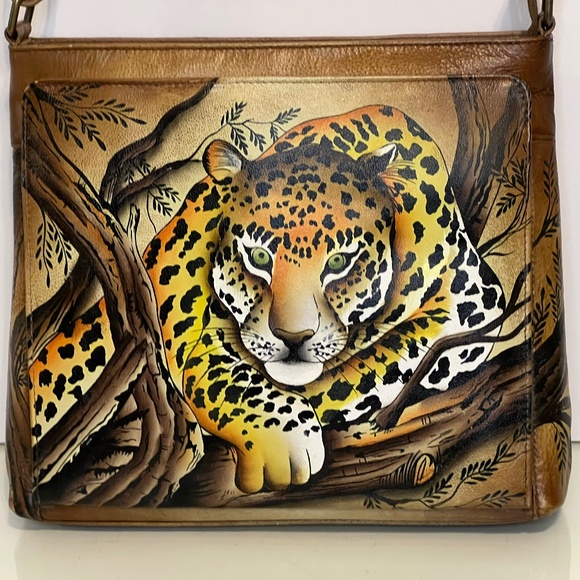 ANUSCHKA Leather Hand Painted Crossbody Bag Purse African Leopard Print - Picture 2 of 16